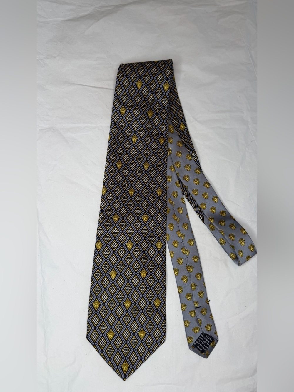 Versace Gray and Gold Geometric Diamond Silk Tie